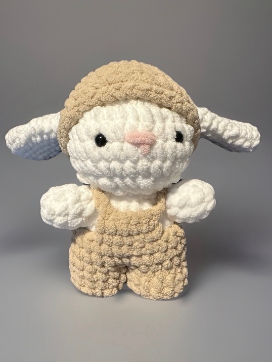 Handmade Other - Plush Bunny Stuffed Animal in White and Tan with Clothing- Cozy Crochet Plush